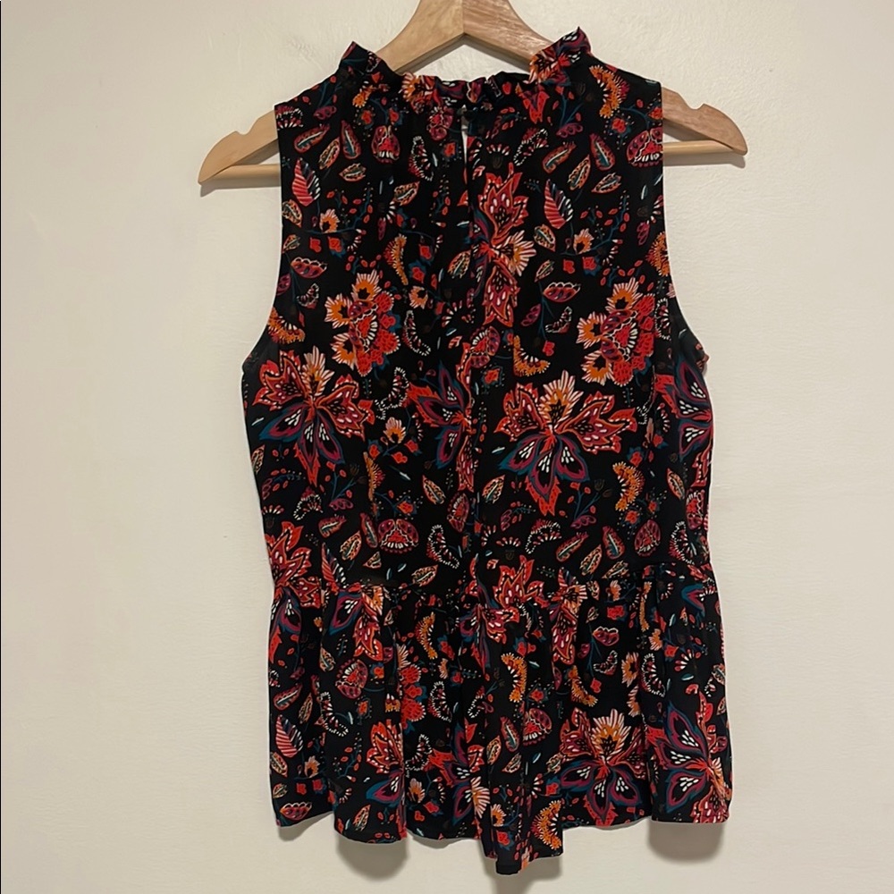 LOFT Size Small Floral Navy and Red Ruffled Sleeveless Peplum Blouse - Picture 5 of 6